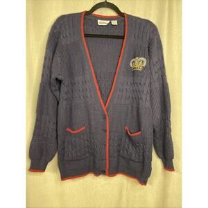 Country Suburban VTG Navy Cable-knit Small Cardigan/Crown Emblem/Buttons/Pockets
